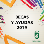 Lápices de colores y reglas con texto de becas y ayudas 2019 y el logo de Alpedrete