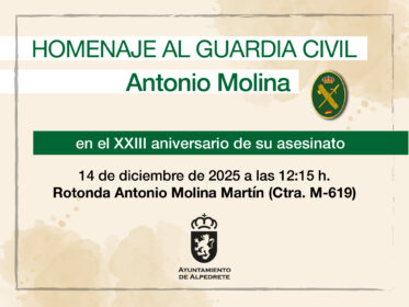 El Ayuntamiento de Alpedrete homenajeará al guardia civil Antonio Molina el 14 de diciembre Imagen de la noticia El Ayuntamiento de Alpedrete homenajeará al guardia civil Antonio Molina el 14 de diciembre