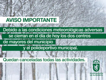 Los dos centros de mayores del municipio y el polideportivo municipal permanecerán cerrados el día de hoy, 28 de enero Imagen de la noticia Los dos centros de mayores del municipio y el polideportivo municipal permanecerán cerrados el día de hoy, 28 de enero